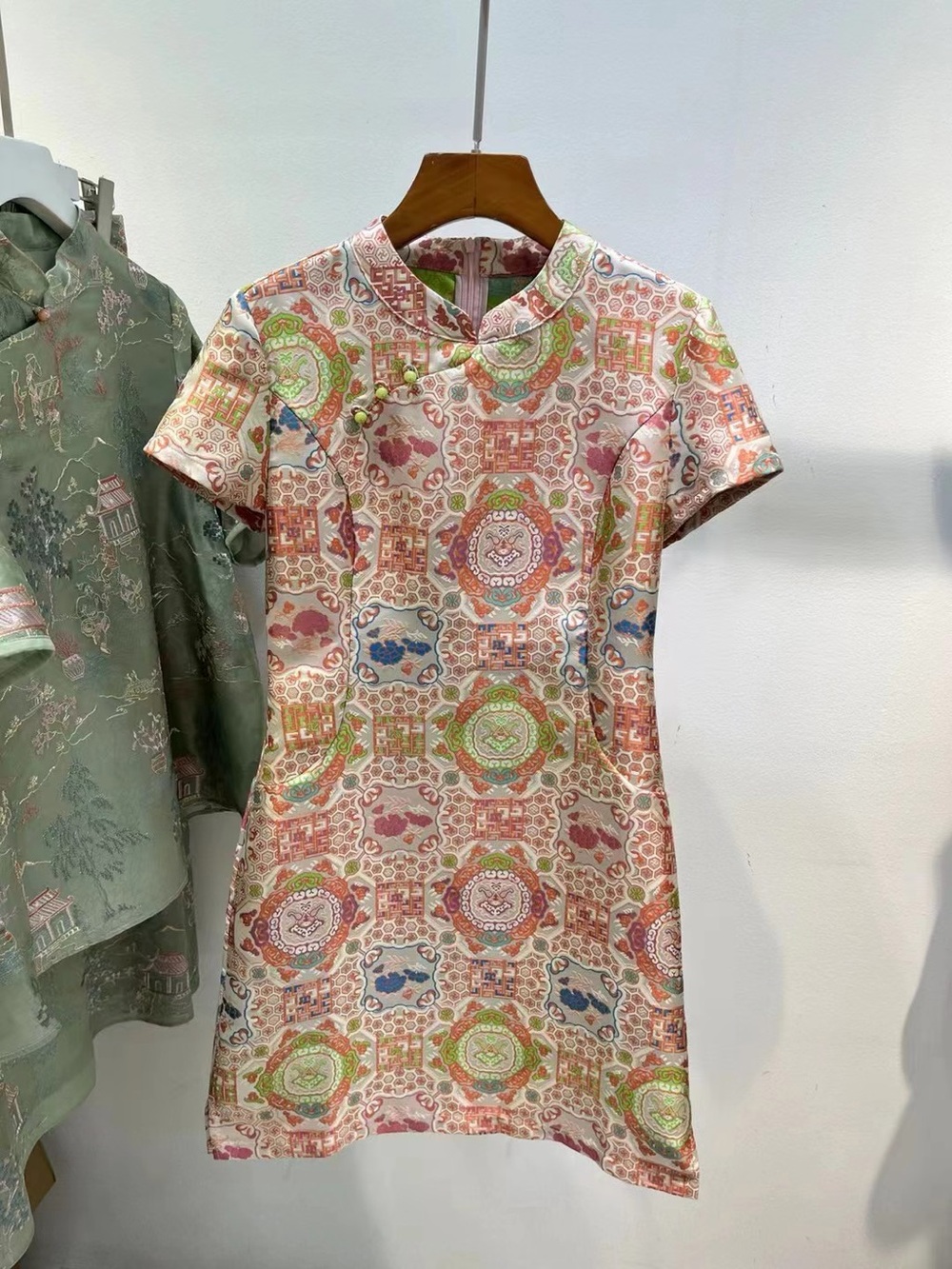 NEW Chinese QiPao dress Printed Short-Sleeve A-Line Dress in Multi-Color